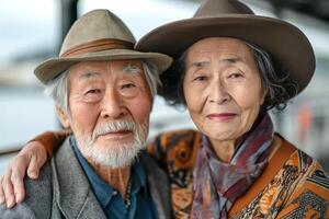 An elderly Asian couple, wearing stylish hats, share a warm embrace while smiling at the camera. photo