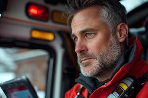 A focused male paramedic in a red uniform reviews information on a device inside an ambulance. photo