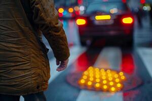 A person in a brown coat pauses at a crosswalk, illuminated by warm glowing lights reflecting on wet pavement. photo