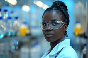 A focused young Black woman in a lab coat and safety glasses stands in a modern laboratory. photo
