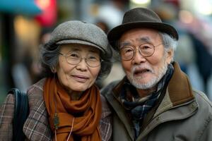 An elderly Asian couple smiles warmly at the camera, enjoying a day out together in a bustling urban environment. photo