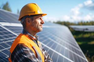 A middle-aged Caucasian man in a hard hat stands confidently in a solar panel field, reflecting on sustainable energy solutions. photo