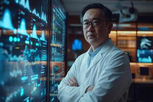 A male Asian scientist in a lab coat stands confidently in front of digital data displays, showcasing advanced technologies in research. photo