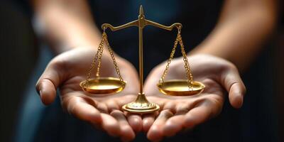 A close-up of a pair of hands, one on each side of a golden balance scale, symbolizing justice and fairness. photo