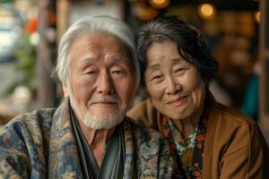 An elderly Asian couple share a warm embrace, smiling lovingly at the camera in a cozy, softly lit setting. photo