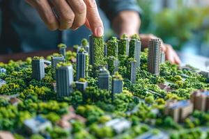 A person creating a miniature eco-city model, highlighting urban greenery and sustainable architecture. photo