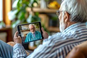 Elderly man engaging in a virtual consultation with a doctor on a tablet. photo