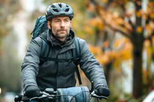 A focused middle-aged man cycling through an autumnal street, wearing a helmet and backpack, enjoying the outdoors. photo