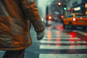 A person in a brown coat and gray gloves walks across a rainy street with blurred traffic lights. photo