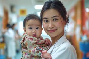 A young Asian woman in a white lab coat holds a cute baby warmly, reflecting a caring moment in a healthcare setting. photo