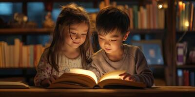 Two children, a girl and a boy, engrossed in a book's glow, sharing a moment of curiosity and wonder in a cozy, softly lit room. photo