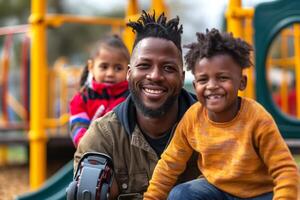 A smiling Black father enjoying a playful moment with his two kids at the playground, embracing joy and connection. photo