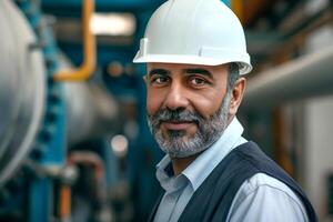 Middle-aged Middle Eastern man in a white hard hat, smiling confidently in an industrial setting. photo