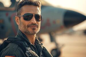 A confident man of Mediterranean descent, wearing aviator sunglasses and a military flight suit, stands in front of a military aircraft. photo