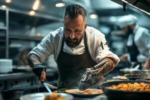 A skilled male chef with a prosthetic arm expertly plating a gourmet dish in a bustling restaurant kitchen. photo