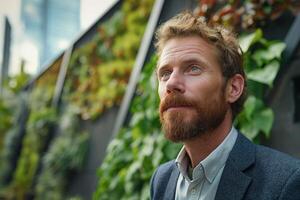 Thoughtful Caucasian man with a beard, dressed in a smart blazer, gazing thoughtfully against a backdrop of lush greenery. photo