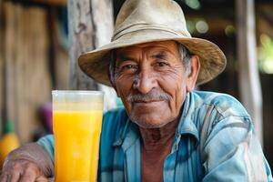 Elderly Hispanic man with a warm smile, wearing a straw hat, enjoys a refreshing glass of orange juice in a rustic setting. photo
