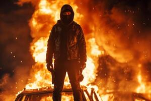 A masked male figure stands confidently in front of a blazing fire, embodying rebellion and defiance in a dramatic scene. photo