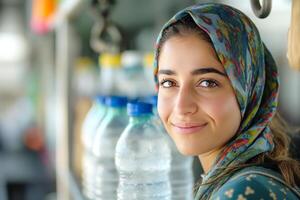 A young Middle-Eastern woman with a colorful headscarf smiles warmly at the camera, surrounded by bottled water. photo