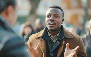 An engaged Black man passionately discusses with a friend outdoors, showcasing vibrant emotions in a lively atmosphere. photo