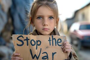 A young girl with long brown hair holding a sign that reads 'Stop the War', showcasing a message of peace and innocence. photo