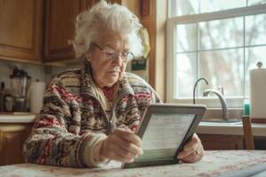 Elderly Caucasian woman intently reading on a tablet in her cozy kitchen, surrounded by natural light. photo