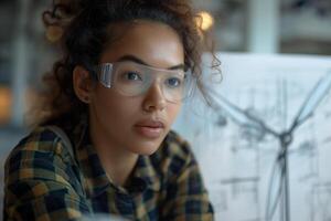 Close-up of a young Hispanic woman with curly hair and glasses, thoughtfully analyzing project plans at a modern workspace. photo