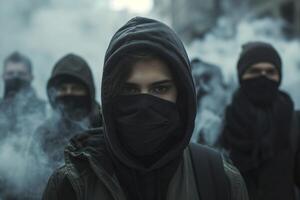 A young woman in a dark hoodie stands confidently amidst a group in masks, shrouded in swirling smoke, evoking a sense of rebellion. photo