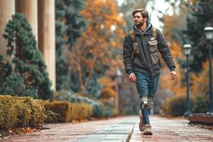 A young Caucasian man with a prosthetic leg walks confidently along a path, surrounded by autumn foliage, showcasing resilience and determination. photo