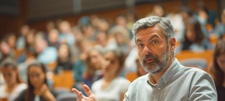 A middle-aged man with a beard engages enthusiastically with a university audience during a lecture. photo