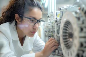 Focused young Hispanic woman in a lab coat examines machinery closely, showcasing concentration and expertise in her work. photo