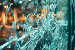 Close-up of shattered glass, showcasing intricate patterns and reflections, creating a dramatic and moody atmosphere. photo