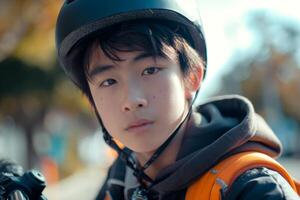 A young Asian boy wearing a helmet, looking thoughtfully into the distance, ready for an adventure on his bike. photo