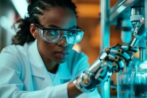 A focused Black female scientist working with advanced robotics in a lab, showcasing innovation and dedication. photo