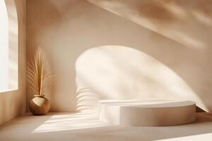A serene, minimalist interior scene featuring a circular platform and a decorative vase with dried leaves. photo