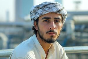 A young Arab man with a beard and traditional headwear, gazes thoughtfully at the camera in a modern urban setting. photo
