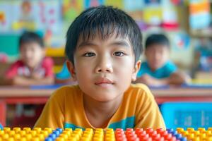 A focused Asian boy in a yellow shirt sits at a colorful table, surrounded by classmates in a cheerful classroom setting. photo