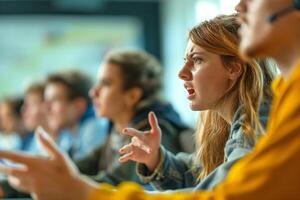 A young Caucasian woman passionately expresses her views during a discussion in a classroom setting. photo
