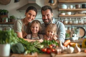 A cheerful family of four, with a mother and father, along with their two young daughters, joyfully preparing fresh vegetables in a cozy kitchen. photo