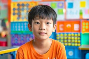 Young Asian boy in an orange shirt is intently looking at the camera in a colorful classroom setting. photo