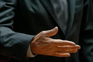 A close-up of a man's hand in a suit extending for a handshake, symbolizing agreement and professionalism. photo