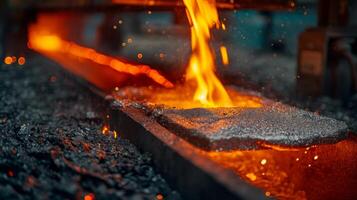 Molten metal flows from a furnace, showcasing the intense heat and vibrant colors of metal casting. photo