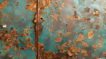 Close-up of a weathered metallic surface with turquoise patina and rust patches, showcasing unique textures and colors. photo