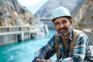 Middle-aged Middle Eastern man with a beard, wearing a hard hat and a plaid shirt, smiling at a dam site by the water. photo