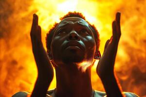 A male African descent with a powerful expression, hands raised towards an orange and yellow glowing backdrop, symbolizing hope and aspiration. photo