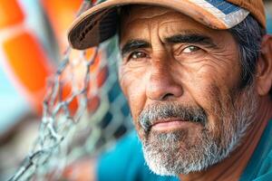 Portrait of a mature Hispanic man with a weathered face, showcasing a blend of wisdom and experience against a nautical backdrop. photo