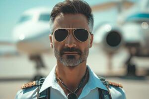 Confident male pilot in sunglasses stands ready for flight near a private jet. photo