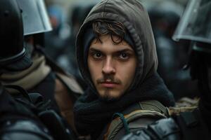 A young male protester with dark hair and a beard looks defiantly at the camera, surrounded by police in riot gear. photo