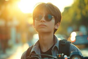 A young Asian male wearing sunglasses, enjoying a golden sunset while standing next to his bicycle. photo