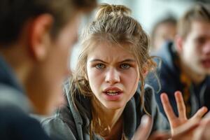 A teenage girl with light skin and long hair expresses frustration during a conversation, showcasing strong emotions and engagement. photo